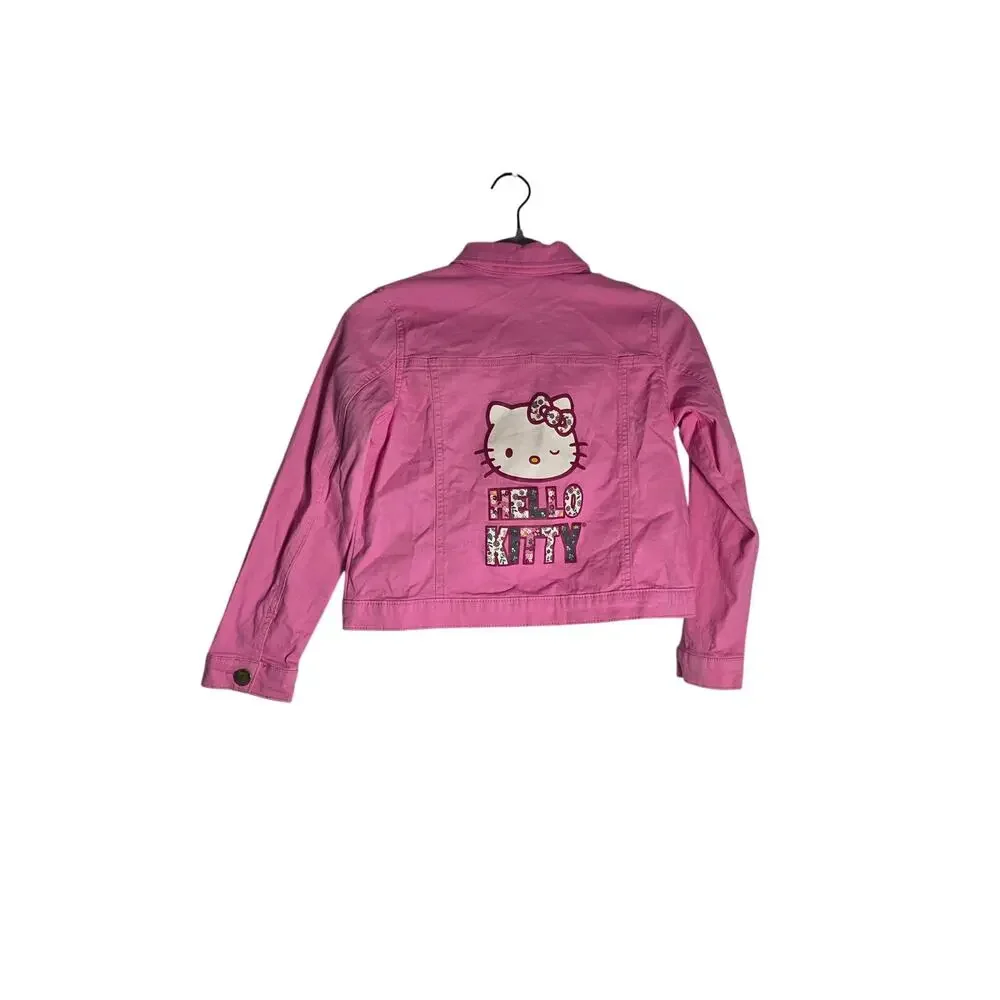Hello Kitty Girls Denim Jacket Size 10 Pink Patch Snap Button Closure KidCore